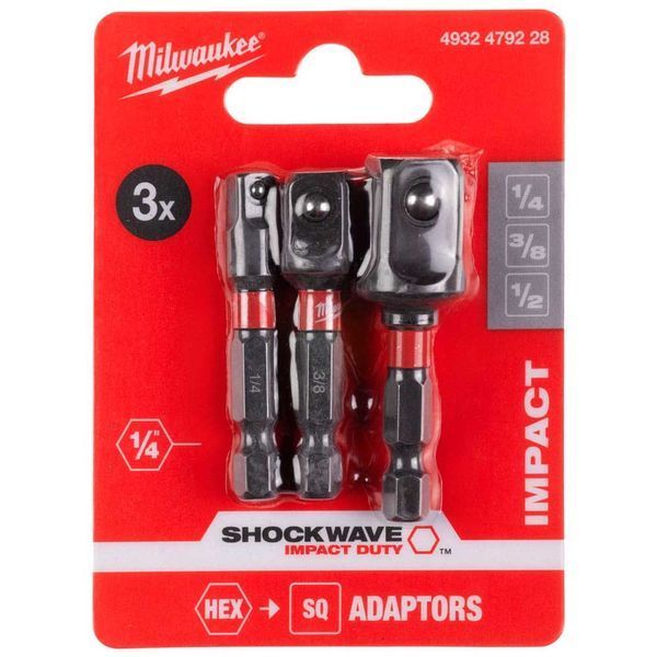 Купити Набір перехідників з біти на квадрат 1/4"-3/8"-1/2" 50мм MILWAUKEE 4932479228 (3шт.) в Україні у Tools Store