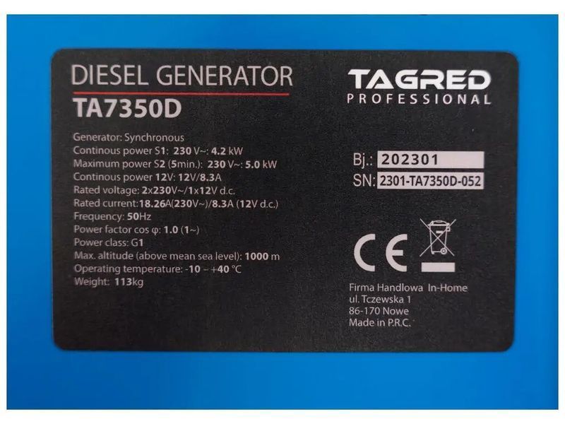 Дизельный генератор TAGRED TA7350D 4,2/5 кВт, 230 В, электростартер, AVR TA7350D фото