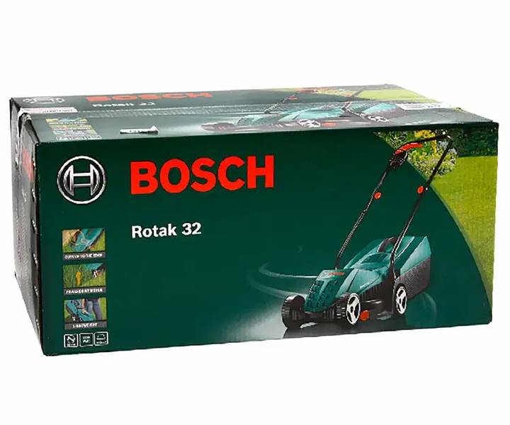 Мощная газонокосилка электрическая Bosch Rotak 32 : 1200 Вт, ширина захвата 32 см, высота среза 20,40,60 мм 0600885B00 фото