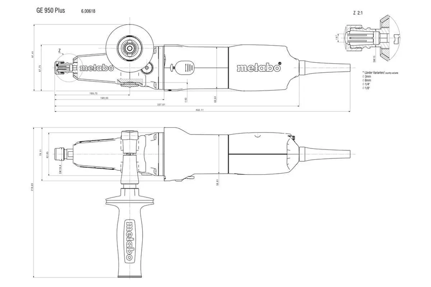 Профессиональная прямая шлифмашина Metabo GE 950 G Plus : 950 Вт, об.х.х. 8700 об/мин, цанга 6 мм, вес 1.7 кг 600618000 фото