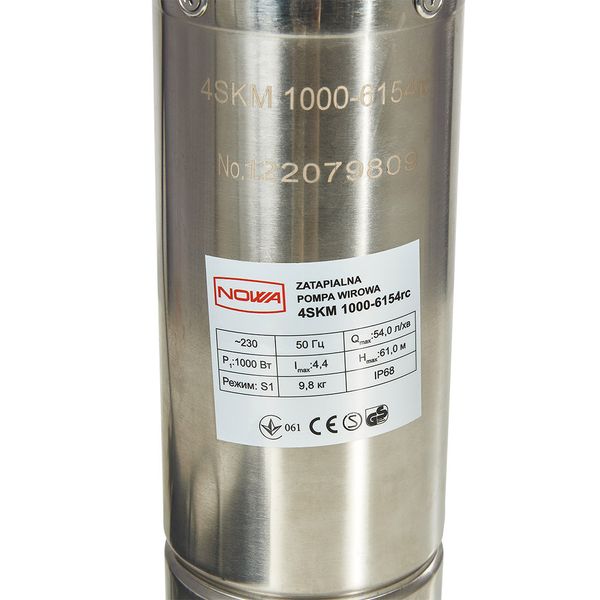 Насос заглибний свердловинний вихровий NOWA 4SKM 1000-6154RС : 1 кВт, 54 л/хв, 61м напору, 9.8 кг, 36 місяців гарантія 4SKM 1000-6154RС фото
