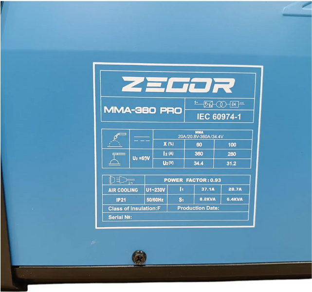Сварочный аппарат ZEGOR IGBT MMA-360 PRO: 6.2 кВт, 20 - 360 А MMA-360 PRO фото