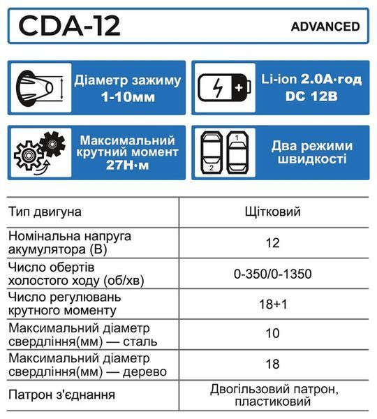 Шуруповерт аккумуляторный ZEGOR CDA-12 (2акум.12В 2Ач/зарядный) CDA-12 фото