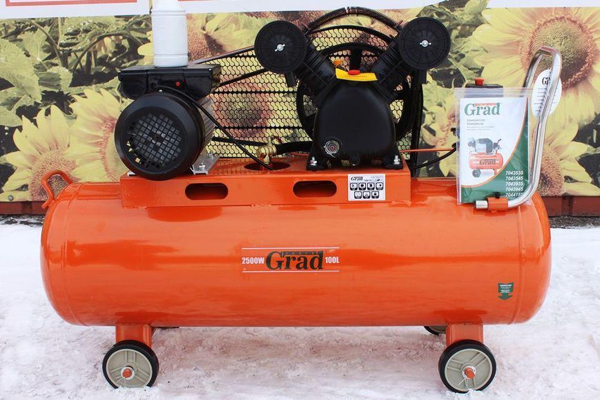 Компрессор воздушный ременный двухцилиндровый Grad V 2.5 кВт 100л (2 крана) 7044185 7044185 фото