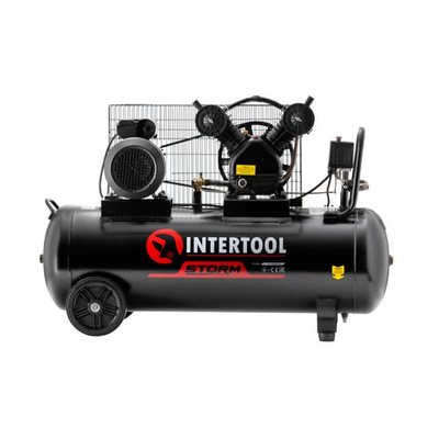 Мощный компрессор STORM INTERTOOL PT-0014 : 100 л, 3 кВт, 220 В, 10 атм, 500 л/мин, 2 цилиндра, ременный PT-0014 фото