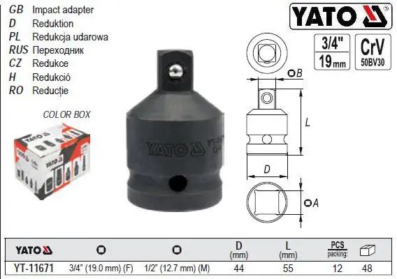 Переходник для ударных гайковертов YATO YT-11671: 3/4"(F) - 1/2"(M) 55 мм YT-11671 фото