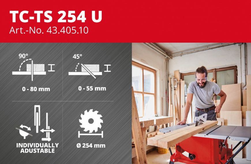 Мощная циркулярная пила Einhell TC-TS 254 U: 1800 Вт, диск 254 x 30 x 3,2 мм / 24 HM, 4250 об/мин (4340510) 4340510 фото