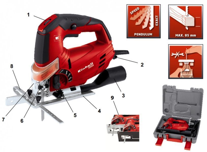 Профессиональный электрический ручной лобзик (электролобзик) Einhell TC-JS 85 : 620 Вт, 3000 об/мин (4321140) 4321140 фото