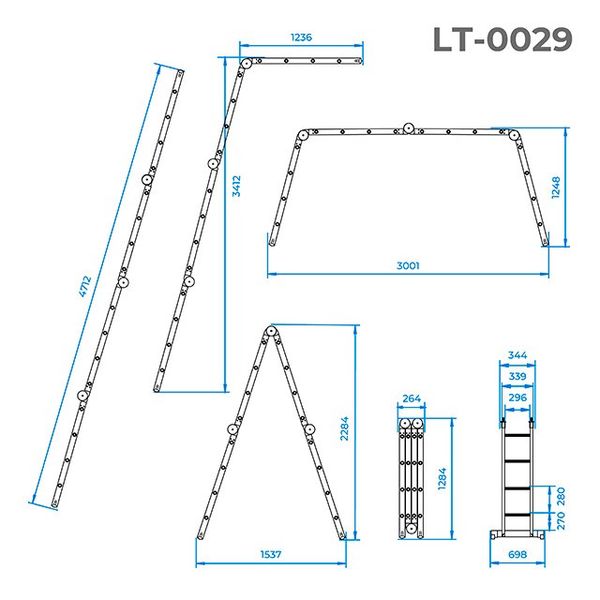 Драбина-трансформер алюмінієва 4 секції / 4 сходинки INTERTOOL LT-0029, 4,7 метрів, 150кг, багатофункціональна драбина LT-0029 фото
