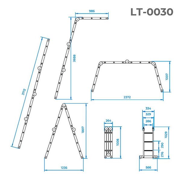 Лестница-трансформер алюминиевая 4 секции / 3 ступени INTERTOOL LT-0030, 3.7 метров, 150кг многофункциональная LT-0030 фото
