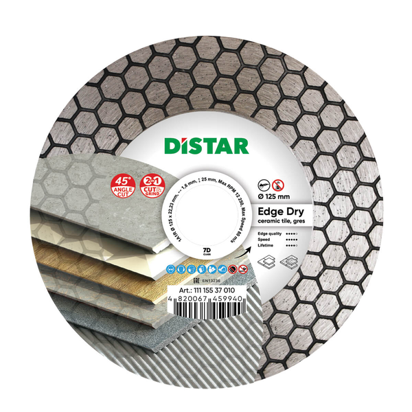 Диск алмазный отрезной Distar 1A1R 125 EDGE DRY :125x1,6x25x22,23мм, керамика, керамогранит (11115537010) 11115537010 фото