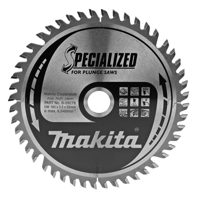 Диск пильний 160x20 мм (48Т) Makita SPECIALIZED : диск 160 мм, к-ть зубів 48, товщина диска1.6 мм (B-09276) B-09276 фото
