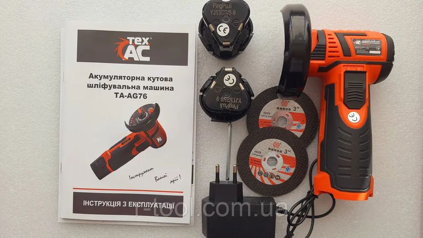 Потужна акумуляторна кутова міні болгарка TEX.AC TA-AG76 : з АКБ 12 V, 2шт-2.0Ah, диск 76 мм, 9000 об/хв, безщітковий, шліфмашина TA-AG76 фото