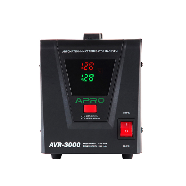Стабилизатор напряжения релейный APRO AVR-3000: 2400 Вт, релейный, Led-дисплей, 2 розетки, вес 5.4 кг AVR-3000 фото