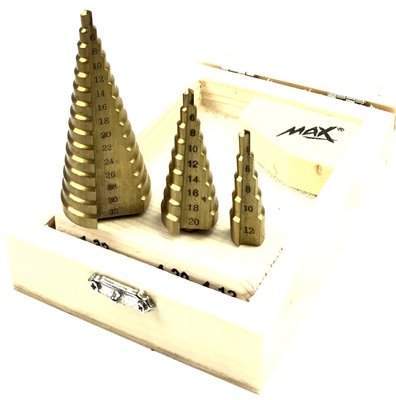 Набір ступінчастих свердел MAX від 4 до 32 мм 4-32 4-20 4-12 в стильному дерев'яному ящику MAX 4-32 фото
