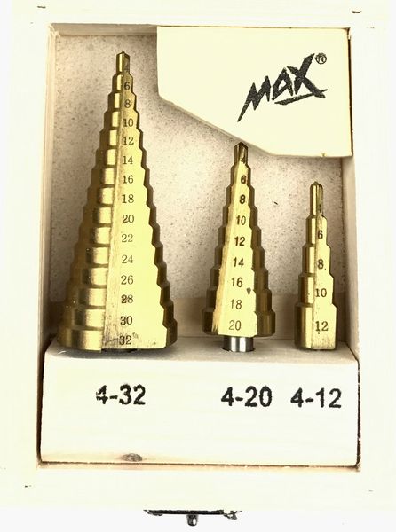 Набір ступінчастих свердел MAX від 4 до 32 мм 4-32 4-20 4-12 в стильному дерев'яному ящику MAX 4-32 фото