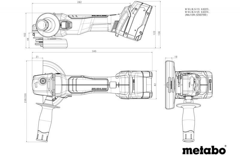 Купити Потужна акумуляторна болгарка Metabo W 18 L BL 9-125 : з АКБ 2шт-18В/4,0Аг, 125мм диск (602374510) в Україні у Tools Store