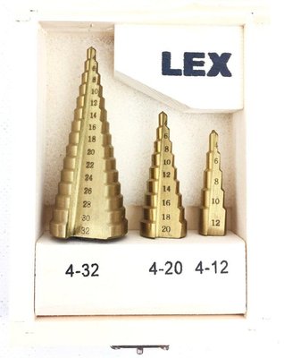 Набір ступінчастих свердел MAX від 4 до 32 мм 4-32 4-20 4-12 в стильному дерев'яному ящику LEX 4-32 фото