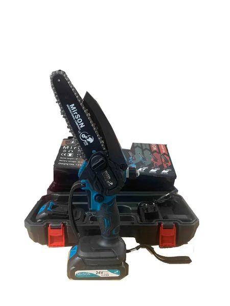 Мощная цепная аккумуляторная пила MirSON MS0122 : с АКБ 2шт-24V 4.0 Ah, шина 15 см Синий цвет MS0122 фото